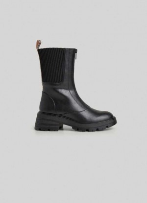 Botte Pepe Jeans Combined Fabric Mid-calf Boots Femme Noir | OQAEPK986