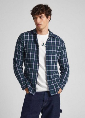 Chemises Pepe Jeans Checked Coton Twill Shirt Homme Vert Foncé | DBLFJH012