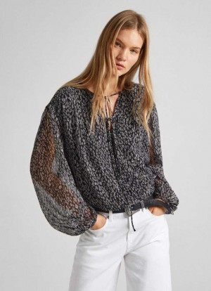 Chemisier Pepe Jeans Animal Print V Neckline Blouse Femme Noir | YXRUBG359