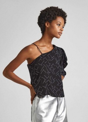 Chemisier Pepe Jeans Asymmetric Blouse With Strass Details Femme Noir | BEYLGF678