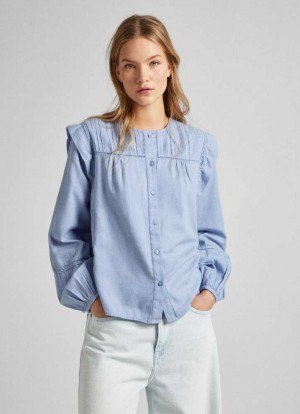 Chemisier Pepe Jeans Coton Twill Blouse Femme Bleu | WRETVF401