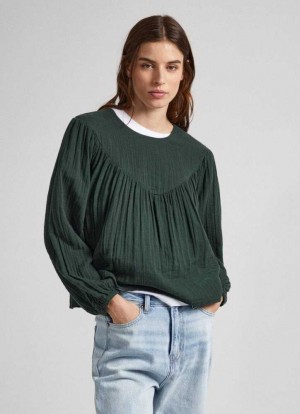 Chemisier Pepe Jeans Coton Waffle Weave Blouse Femme Vert | FBKLWH036