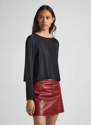 Chemisier Pepe Jeans Cropped Fit Satin Blouse Femme Noir | QUTOAN356