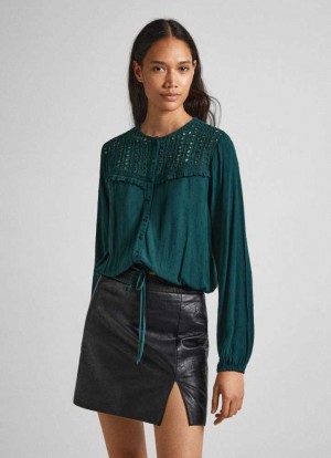 Chemisier Pepe Jeans Eyelet Open Weave Blouse Femme Vert | BSZWJM574
