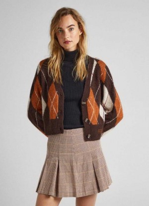 Knitwear Pepe Jeans Argyle Jacquard Cardigan Femme Marron | GXJAMR596