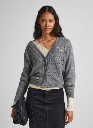 Knitwear Pepe Jeans Cardigan With Openwork Details Femme Grise Foncé | FZGNDX680