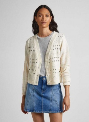 Knitwear Pepe Jeans Cardigan With Openwork Details Femme Blanche | FRCODW916