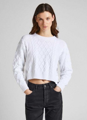 Knitwear Pepe Jeans Cropped Cable Knit Sweatshirt Femme Blanche | CFNXLT963