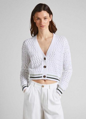 Knitwear Pepe Jeans Diamond Openwork Cardigan Femme Blanche | BPLXDG632