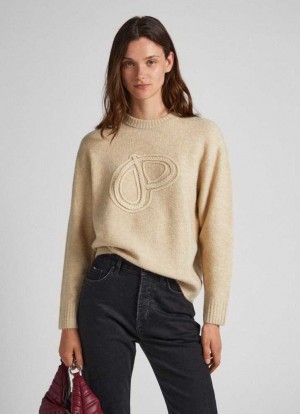 Knitwear Pepe Jeans Logo Print Knit Femme Marron Beige | ILMKWF027