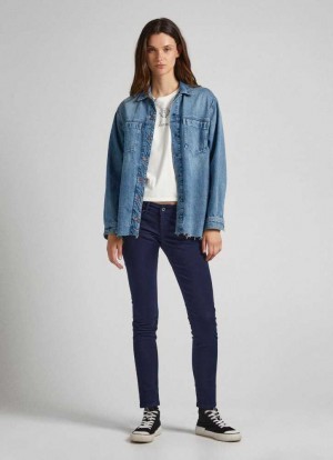 Pantalons Pepe Jeans 5 Pocket Mince Fit Trousers Femme Bleu | ELQZAX704