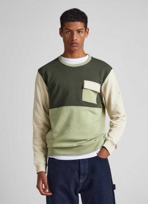 Sweats Pepe Jeans Colour Block Coton Sweatshirt Homme Vert Olive Vert | ORZQHD853