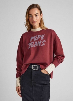 Sweats Pepe Jeans Strass Logo Coton Sweatshirt Femme Bordeaux Rouge | PBDSIF016