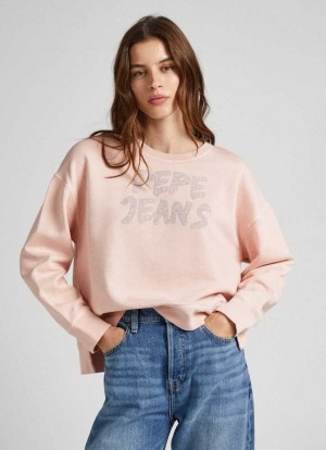 Sweats Pepe Jeans Strass Logo Coton Sweatshirt Femme Grise Rose Rose | CNTFQG468