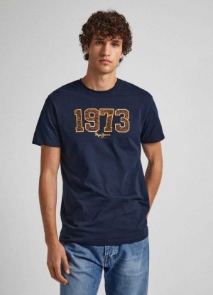 T Shirts Pepe Jeans 1973 Logo Print T-shirt Homme Bleu | TECKXG219