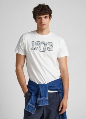 T Shirts Pepe Jeans 1973 Logo Print T-shirt Homme Blanche | RXLNFM157