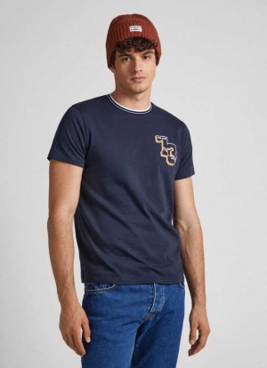 T Shirts Pepe Jeans 1973 Logo Print T-shirt Homme Bleu | REBNJT376