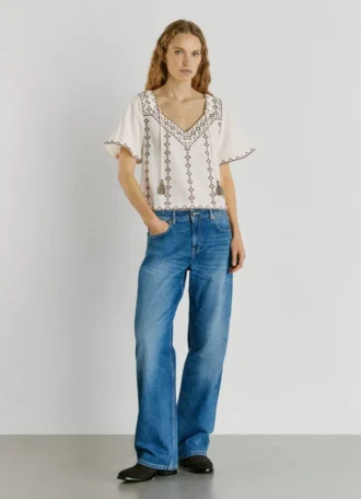 Blouse à col en V brodée