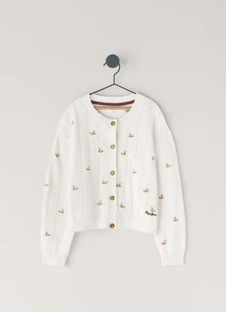 Cardigan en maille pointelle avec fleurs brodées Cardigan en maille pointelle avec fleurs brodées