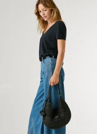 Sac à main en raphia en forme de croissant
